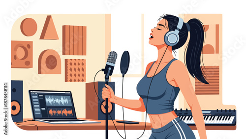 Vector illustration of a young woman singing with headphones and microphone at home, vocal practice and music hobby lifestyle concept in clean flat vector style