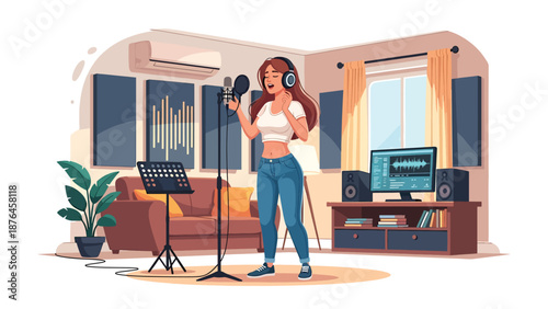 Vector illustration of a young woman singing with headphones and microphone at home, vocal practice and music hobby lifestyle concept in clean flat vector style