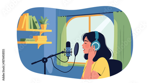 Vector illustration of a young woman singing with headphones and microphone at home, vocal practice and music hobby lifestyle concept in clean flat vector style