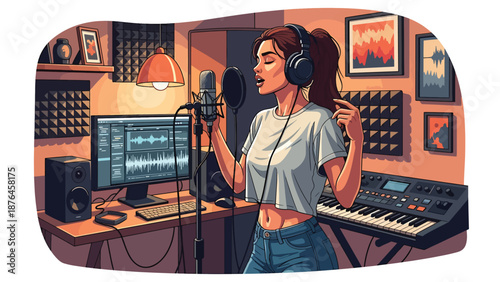 Vector illustration of a young woman singing with headphones and microphone at home, vocal practice and music hobby lifestyle concept in clean flat vector style