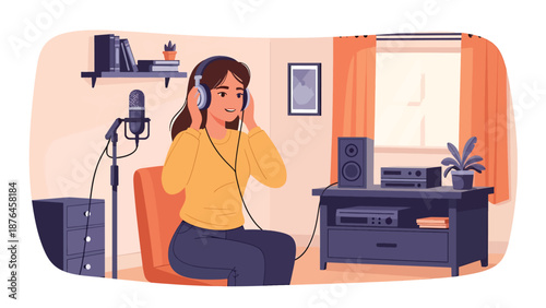 Vector illustration of a young woman singing with headphones and microphone at home, vocal practice and music hobby lifestyle concept in clean flat vector style