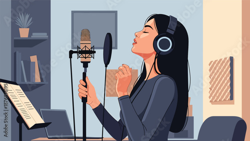 Vector illustration of a young woman singing with headphones and microphone at home, vocal practice and music hobby lifestyle concept in clean flat vector style