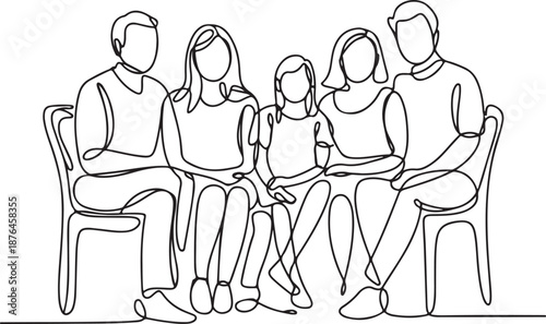 Foto Continuous Line Drawing of Family Members Seated in a Small Group