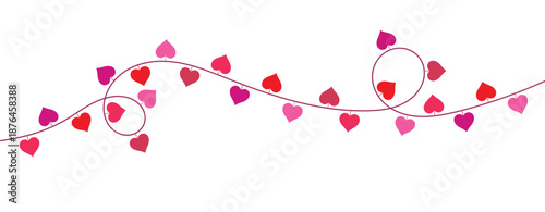 Heart garland border design. Hanging love hearts on curved line. Romantic decorative divider element. Valentine themed graphic decoration. Vector illustration
