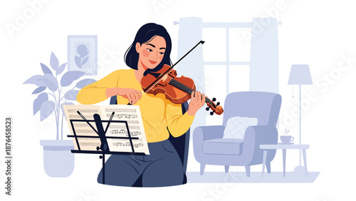 Vector illustration of a young woman practicing violin in a quiet room, elegant music hobby and creative lifestyle scene in clean flat vector style