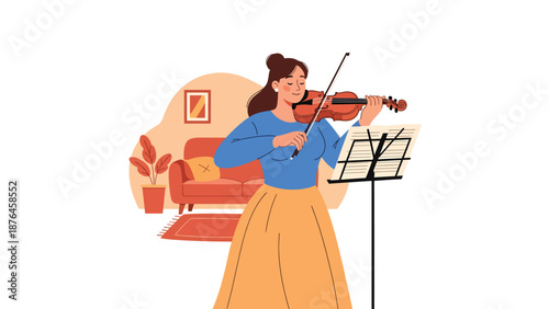 Vector illustration of a young woman practicing violin in a quiet room, elegant music hobby and creative lifestyle scene in clean flat vector style
