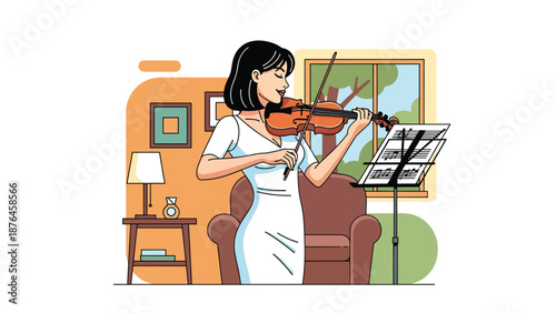 Vector illustration of a young woman practicing violin in a quiet room, elegant music hobby and creative lifestyle scene in clean flat vector style