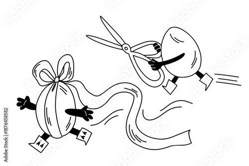 An Easter egg in boots chases a fleeing egg with scissors wrapped in a gift bow and ribbons