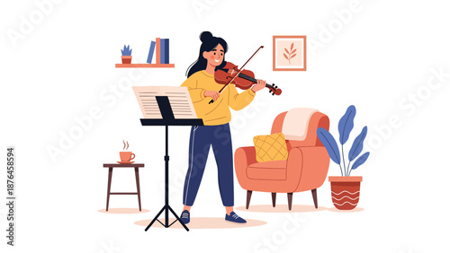 Vector illustration of a young woman practicing violin in a quiet room, elegant music hobby and creative lifestyle scene in clean flat vector style