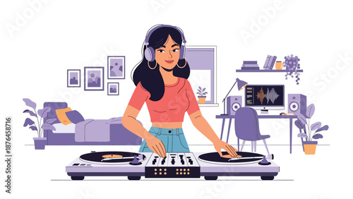 Vector illustration of a young woman DJ mixing music at home with generic equipment, modern music hobby and creative lifestyle concept