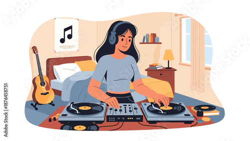 Vector illustration of a young woman DJ mixing music at home with generic equipment, modern music hobby and creative lifestyle concept