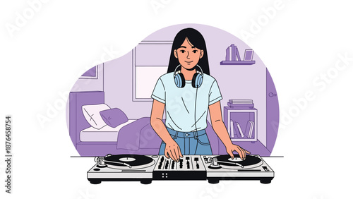 Vector illustration of a young woman DJ mixing music at home with generic equipment, modern music hobby and creative lifestyle concept