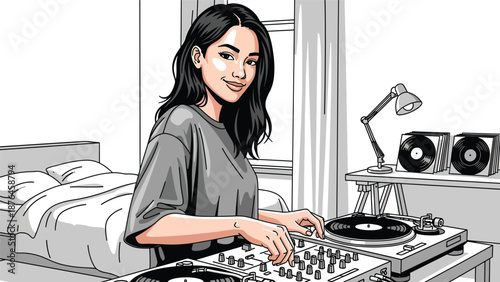 Vector illustration of a young woman DJ mixing music at home with generic equipment, modern music hobby and creative lifestyle concept