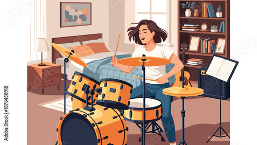 Flat vector illustration of a young woman playing drums in a practice room, energetic music hobby and creative lifestyle in solid color design