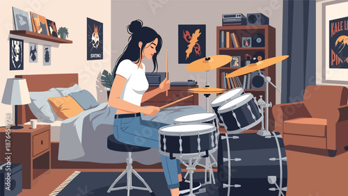 Flat vector illustration of a young woman playing drums in a practice room, energetic music hobby and creative lifestyle in solid color design
