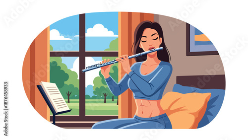 Flat vector illustration of a young woman practicing flute near a window, peaceful music hobby and artistic lifestyle concept in solid colors
