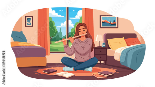 Flat vector illustration of a young woman practicing flute near a window, peaceful music hobby and artistic lifestyle concept in solid colors