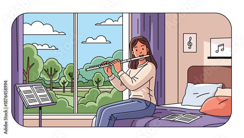 Flat vector illustration of a young woman practicing flute near a window, peaceful music hobby and artistic lifestyle concept in solid colors