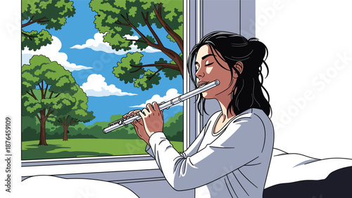Flat vector illustration of a young woman practicing flute near a window, peaceful music hobby and artistic lifestyle concept in solid colors