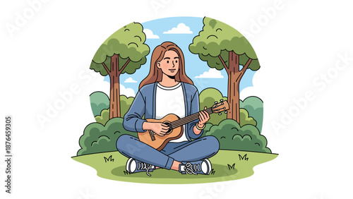 Flat vector illustration of a young woman playing ukulele outdoors in a park, nature and music hobby lifestyle concept in solid colors