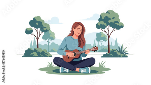 Flat vector illustration of a young woman playing ukulele outdoors in a park, nature and music hobby lifestyle concept in solid colors