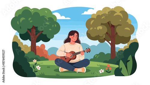 Flat vector illustration of a young woman playing ukulele outdoors in a park, nature and music hobby lifestyle concept in solid colors