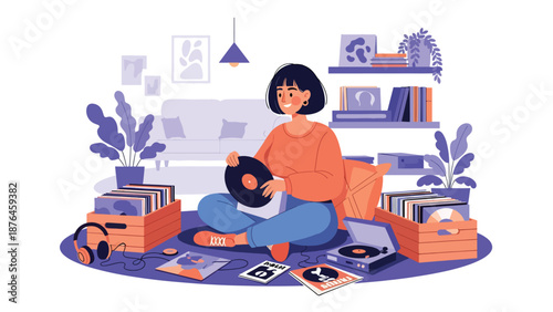 Vector illustration of a young woman organizing vinyl records and music accessories at home, music collection hobby lifestyle concept