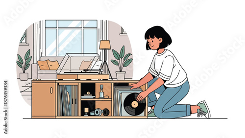 Vector illustration of a young woman organizing vinyl records and music accessories at home, music collection hobby lifestyle concept