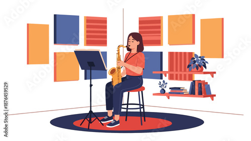 Flat vector illustration of a young woman practicing saxophone in a rehearsal room, focused music hobby and creative lifestyle concept