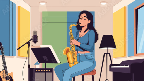 Flat vector illustration of a young woman practicing saxophone in a rehearsal room, focused music hobby and creative lifestyle concept