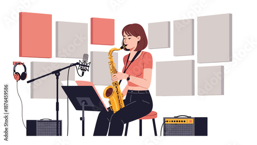 Flat vector illustration of a young woman practicing saxophone in a rehearsal room, focused music hobby and creative lifestyle concept