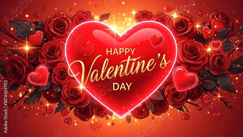 Happy valentine's day glowing heart and red roses romantic illustration