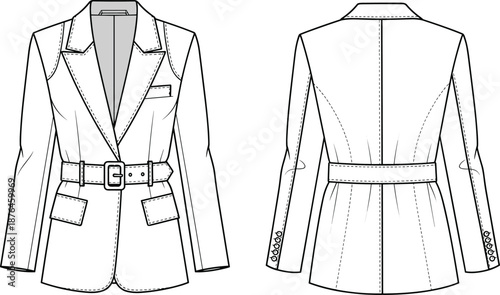 Technical flat sketch of a women's belted blazer jacket, featuring front and back views with notched lapels and flap pockets.