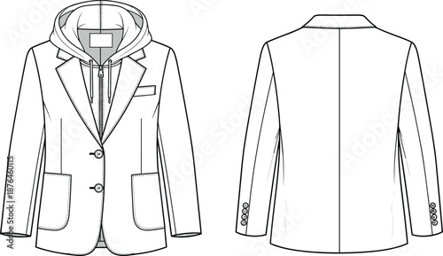 Technical flat sketch of a women's hybrid blazer with integrated hoodie, front and back views, notched lapel, and patch pockets.