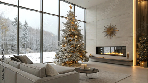 Modern living room with christmas tree and festive decor