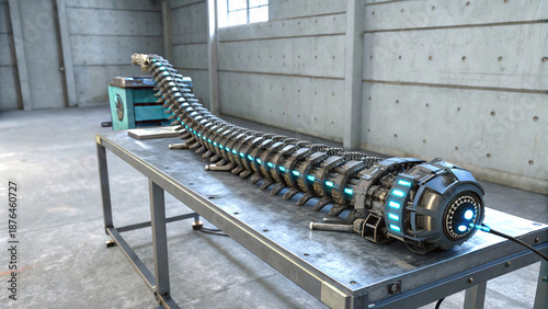 Moody sci fi industrial tech sculpture in dramatic lighting