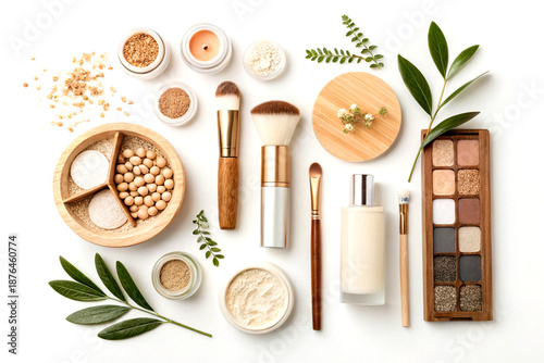 Natural cosmetics flat lay with makeup brushes in earth tones