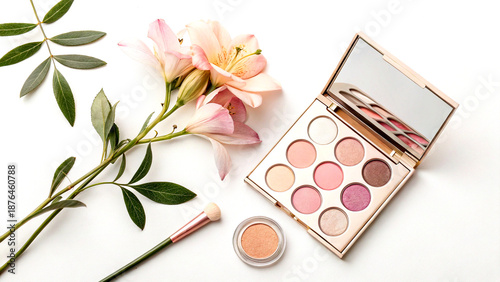 Pastel cosmetic palette with leaf and flower accents flat lay