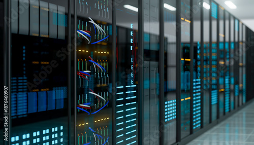 3D server rack detail showing colored wiring layout