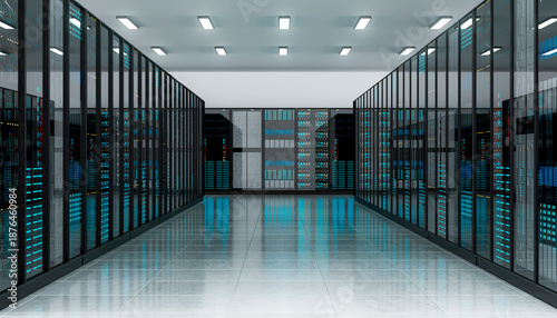 3D data center corridor with futuristic server racks
