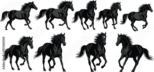 Black Stallion Horse Running and Galloping Action Silhouette Set, Vector Illustration of Wild Mustang Spirit in Motion for Logo Design