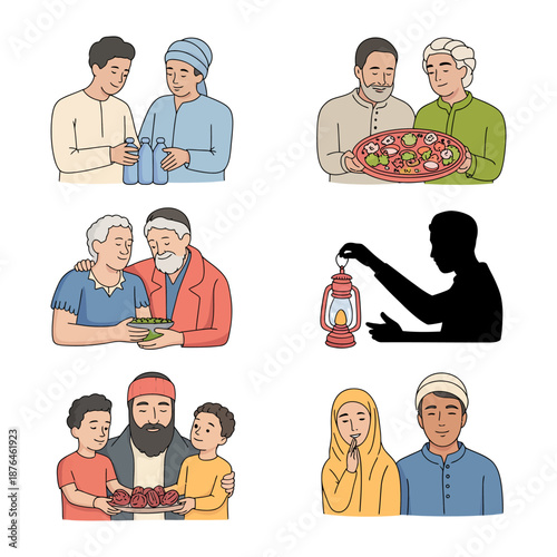 Ramadan Moments: Capturing scenes of sharing and connection, diverse individuals engage in acts of generosity and reflection during Ramadan, sharing food and embracing togetherness.