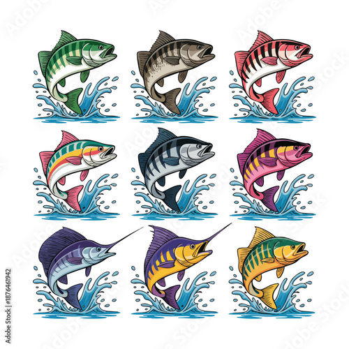 Nine different fish species jumping out of blue water splashes ocean