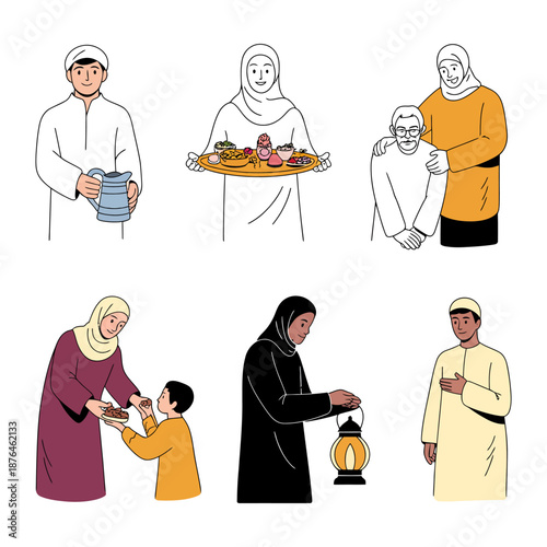 Generosity and togetherness: a series of illustrations depicting moments of giving and sharing. Showcasing acts of service and connection within a community.