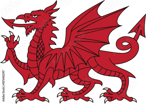 Red Welsh Dragon Illustration, National Symbol of Wales, Y Ddraig Goch Vector