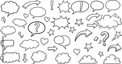 Collection of cartoon speech bubbles and punctuation marks isolated on transparent background