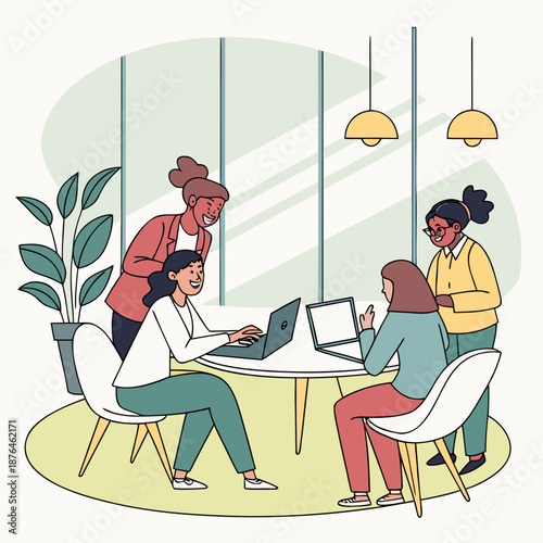 Four women collaboratively working on laptops in a modern office environment. An illustration depicts four diverse women engaged in a collaborative work session within a brightly lit modern office spa