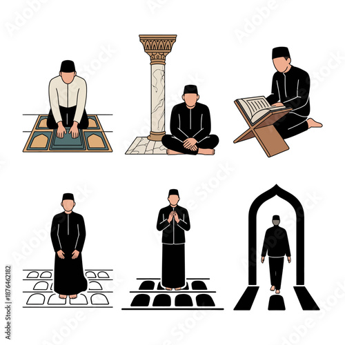 Muslim Prayer and Worship Illustrations: A series of illustrations depicts various moments of Islamic prayer and worship, showcasing different postures, rituals.