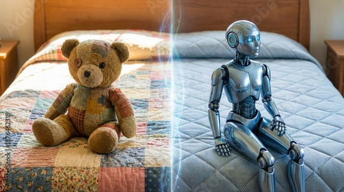 Wallpaper Mural Teddy Bear and Robot Sit on Bed Divided by Blue Line Artificial Future Torontodigital.ca