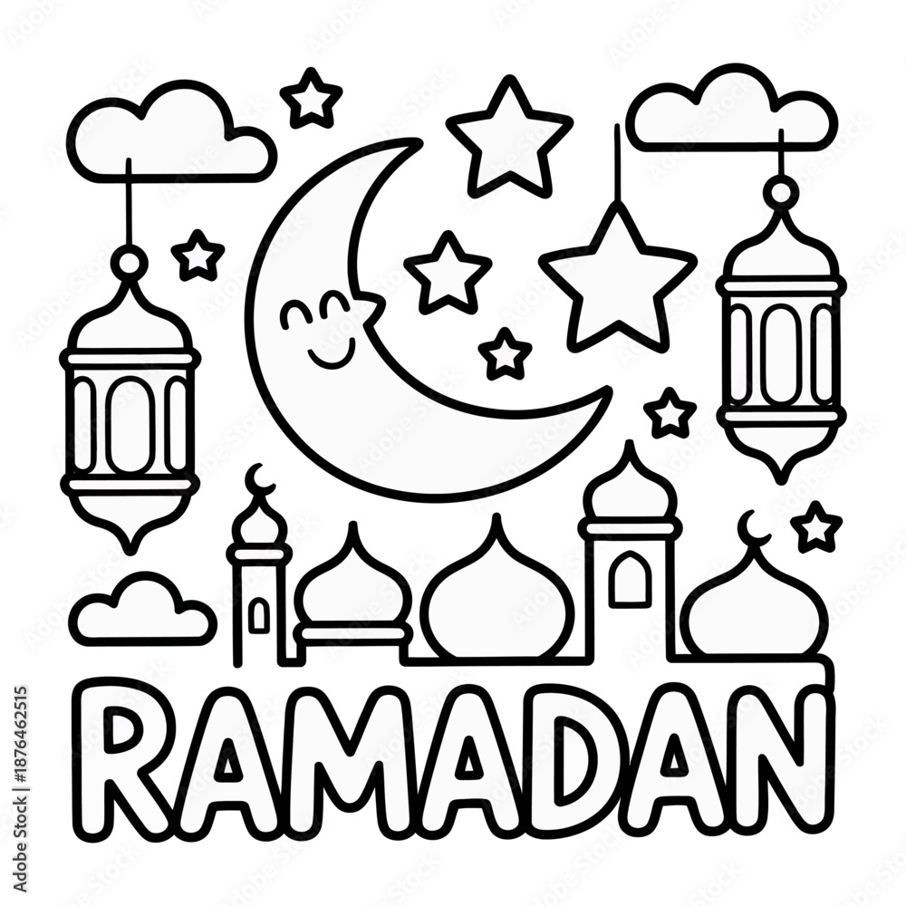 Obraz premium Ramadan Celebration: Illustration of the word Ramadan is the centerpiece. A crescent moon and stars, together with traditional lanterns, mosques and clouds.